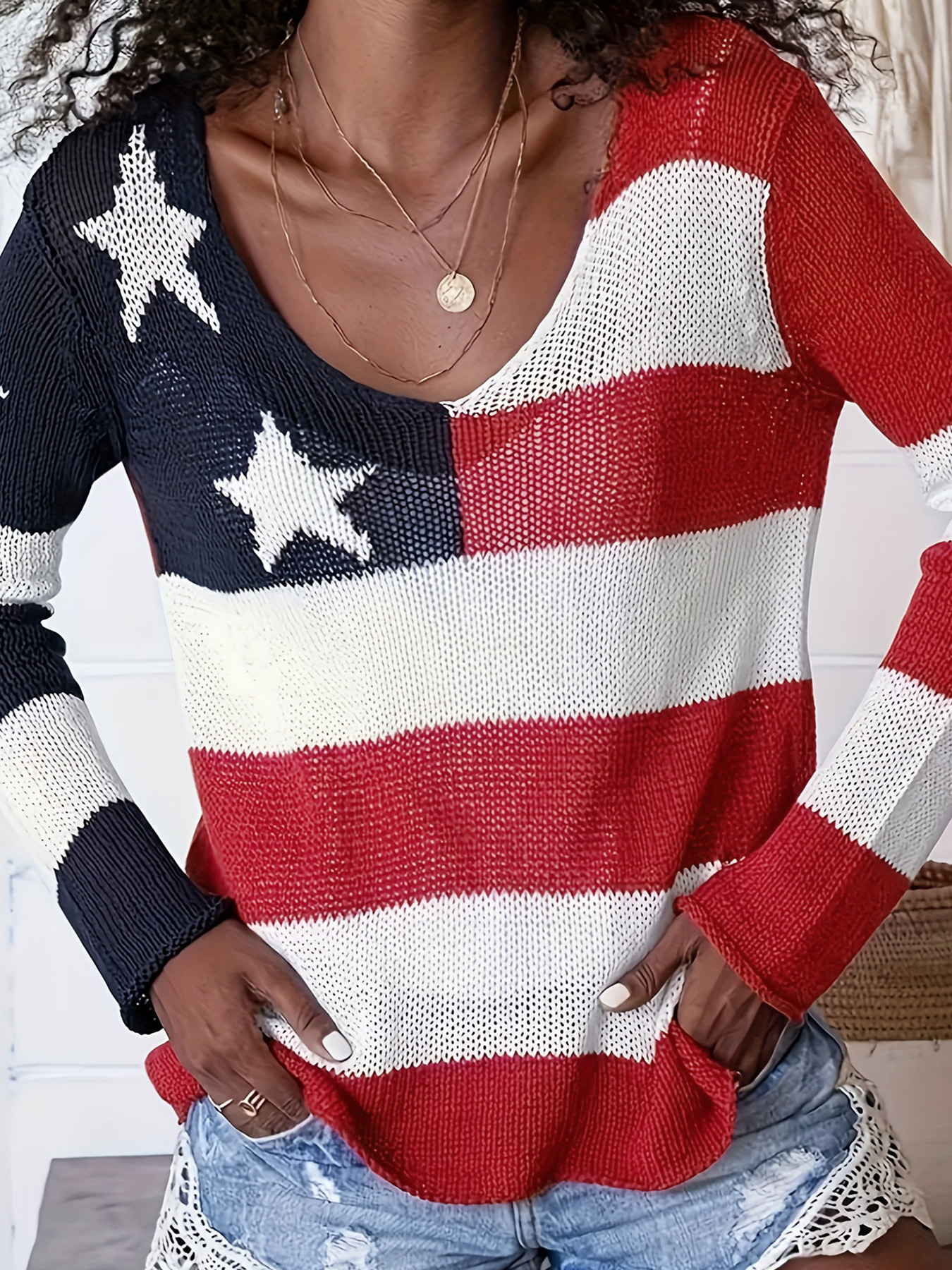 Knitted Sweater Women's American Flag Long Sleeve Hollow Out Top SSU-00113