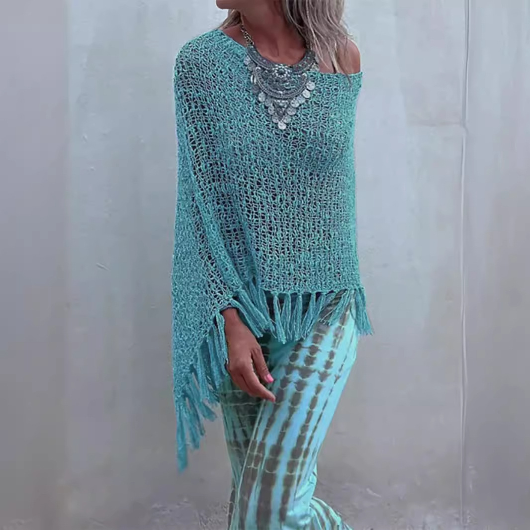 Knitted Off Shoulder Tassel Cover Up Top SSU-00109