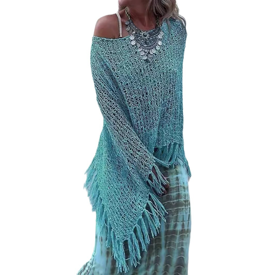 Knitted Off Shoulder Tassel Cover Up Top SSU-00109