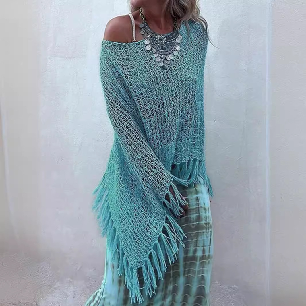 Knitted Off Shoulder Tassel Cover Up Top SSU-00109