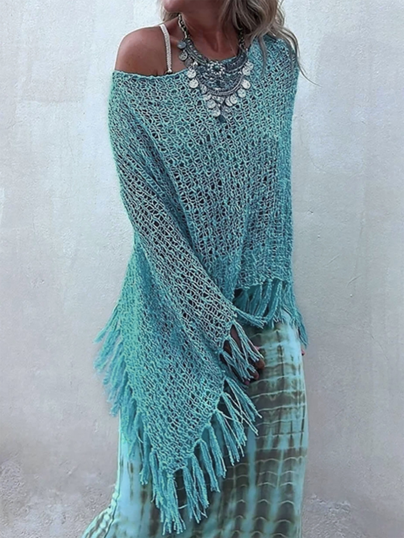 Knitted Off Shoulder Tassel Cover Up Top SSU-00109