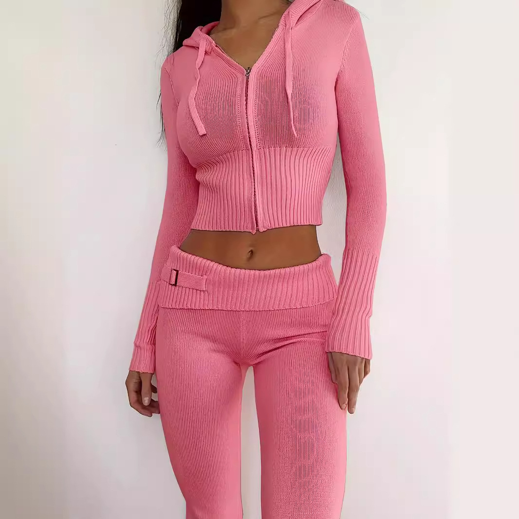 Knit Cardigan Hoodie Set Women's Two Piece Autumn Outfit SSU-00017