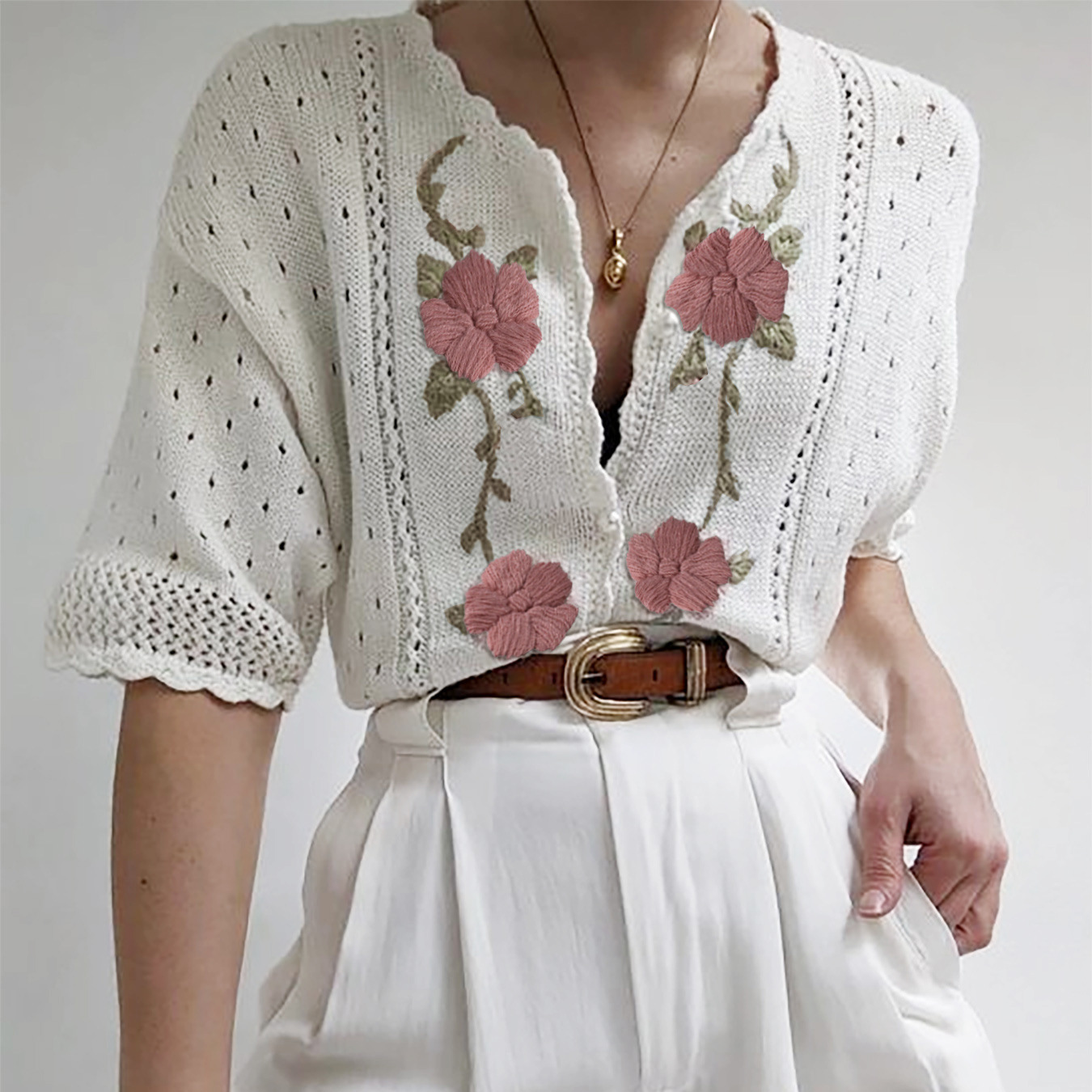 Crochet Knit Cardigan Top - Embroidered Short Sleeve Spring Fall SSU-00123