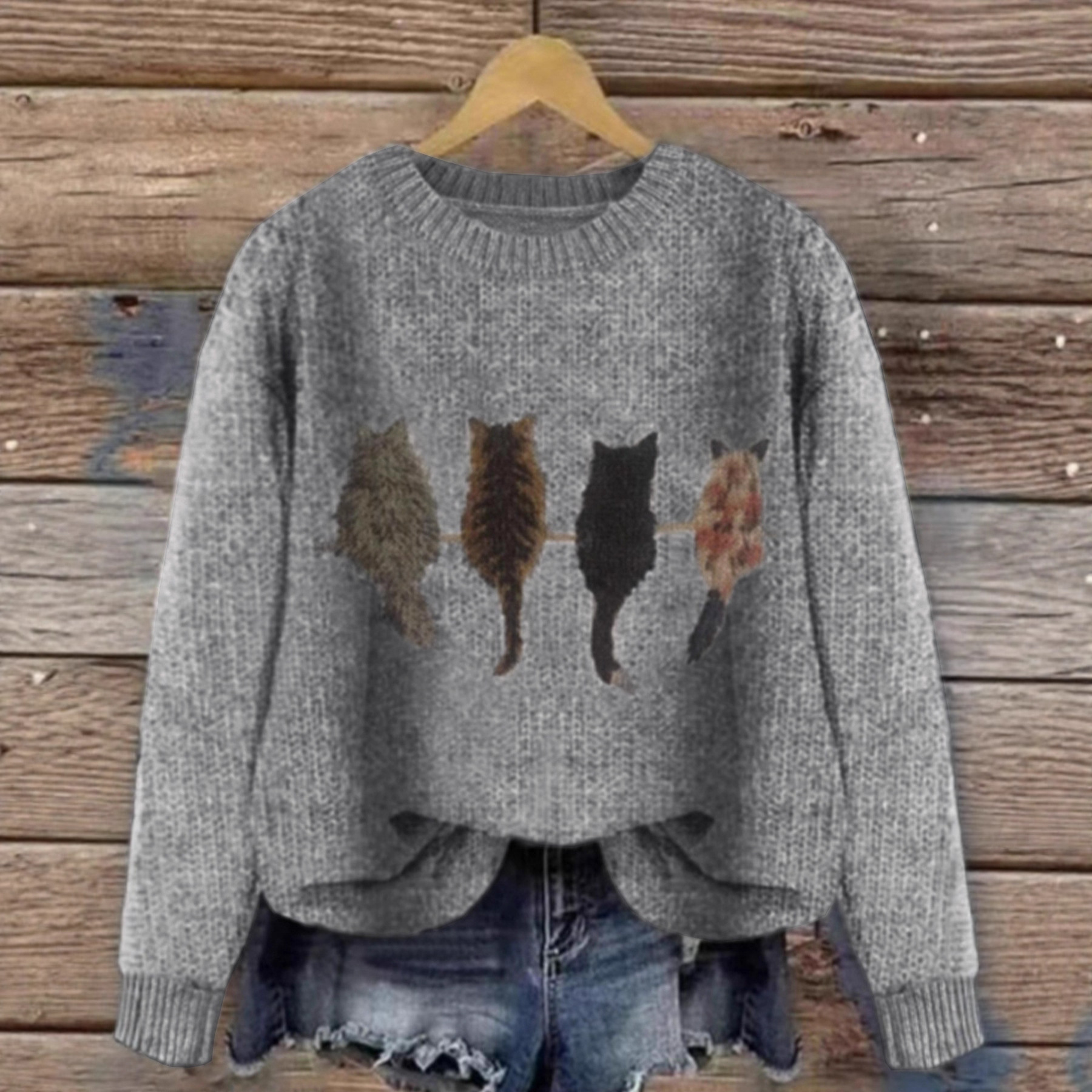 Knitted Cat Sweater Women's Long Sleeve Crewneck Pullover SSU-00080