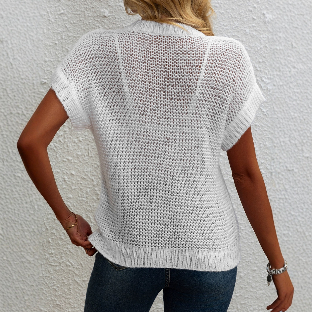 Knit Crewneck Cropped Sweater Openwork Spring Summer SSU-00070