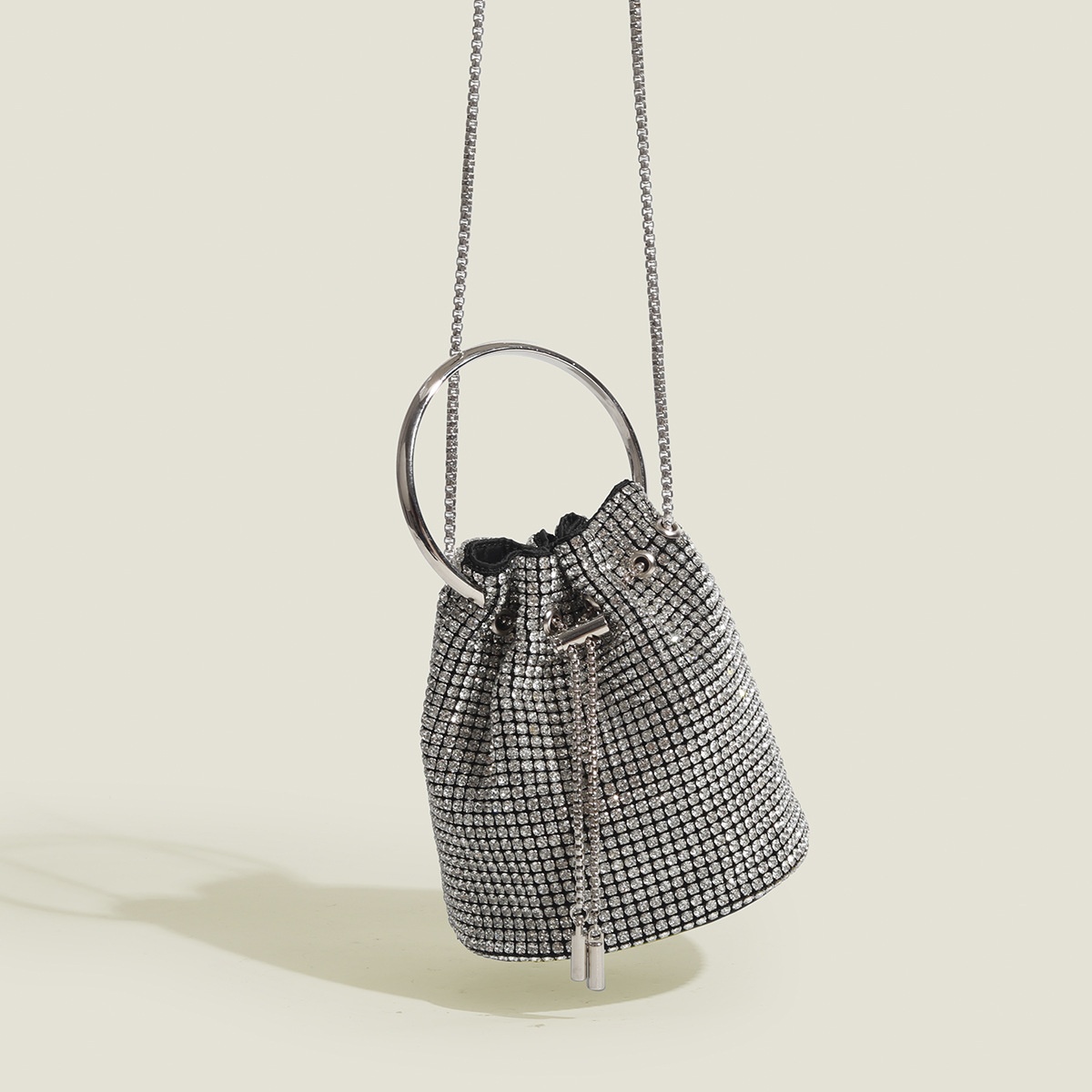 Sparkle Rhinestone Drawstring Bucket Bag with Ring Handle