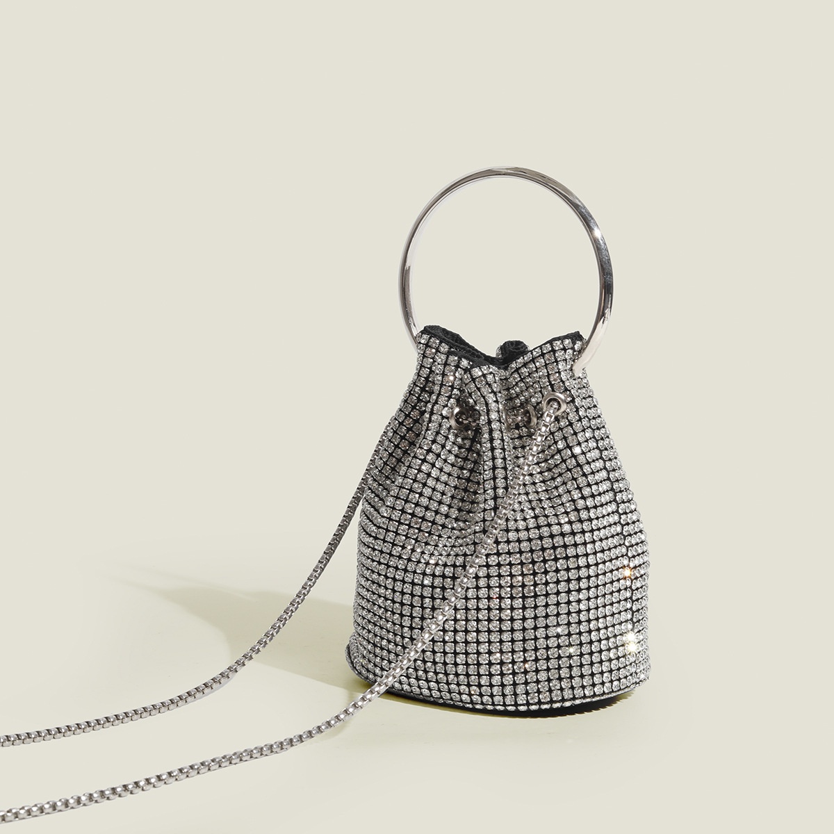 Sparkle Rhinestone Drawstring Bucket Bag with Ring Handle
