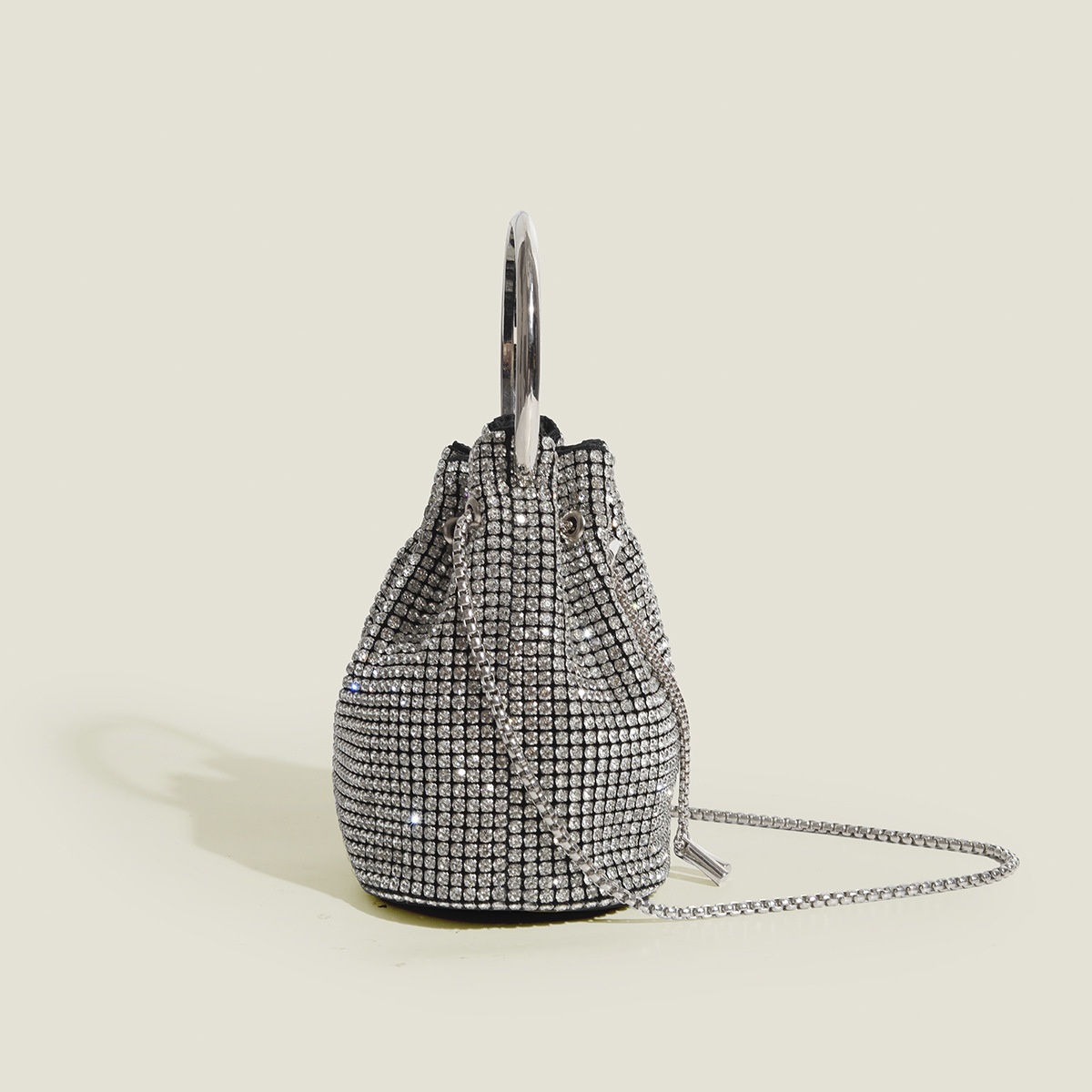 Sparkle Rhinestone Drawstring Bucket Bag with Ring Handle