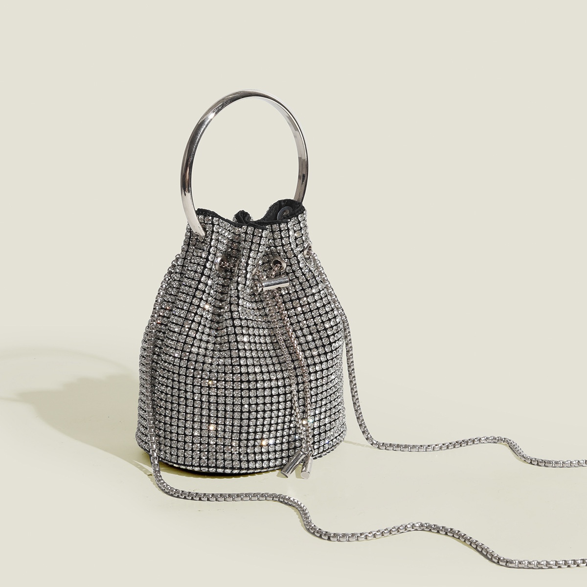 Sparkle Rhinestone Drawstring Bucket Bag with Ring Handle