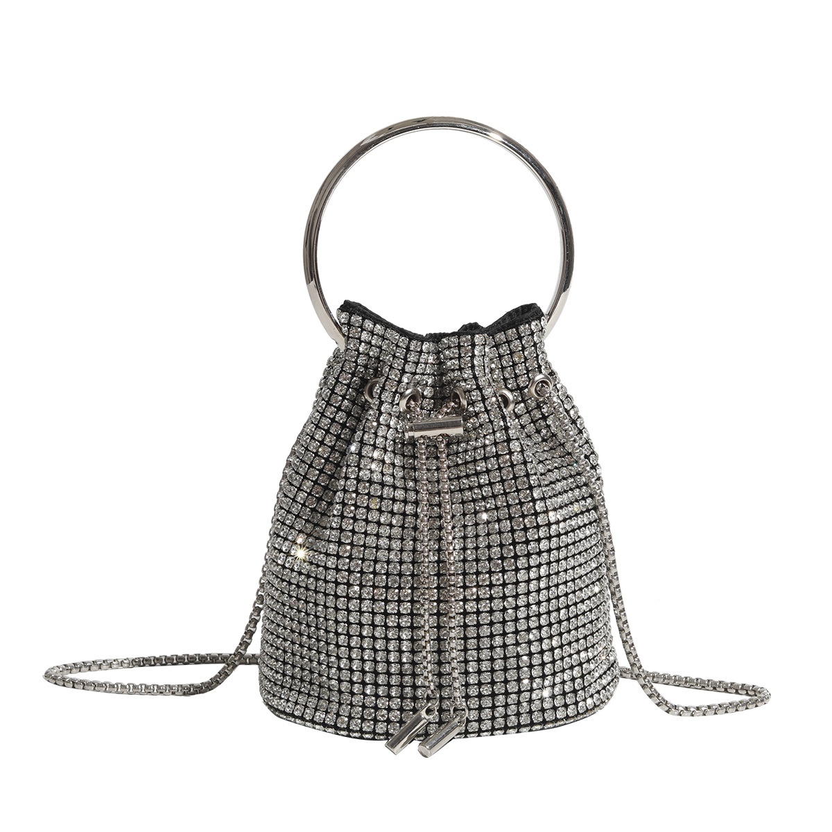 Sparkle Rhinestone Drawstring Bucket Bag with Ring Handle