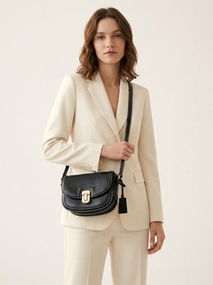 Canvas & Leather Saddle Crossbody Bag with Flap
