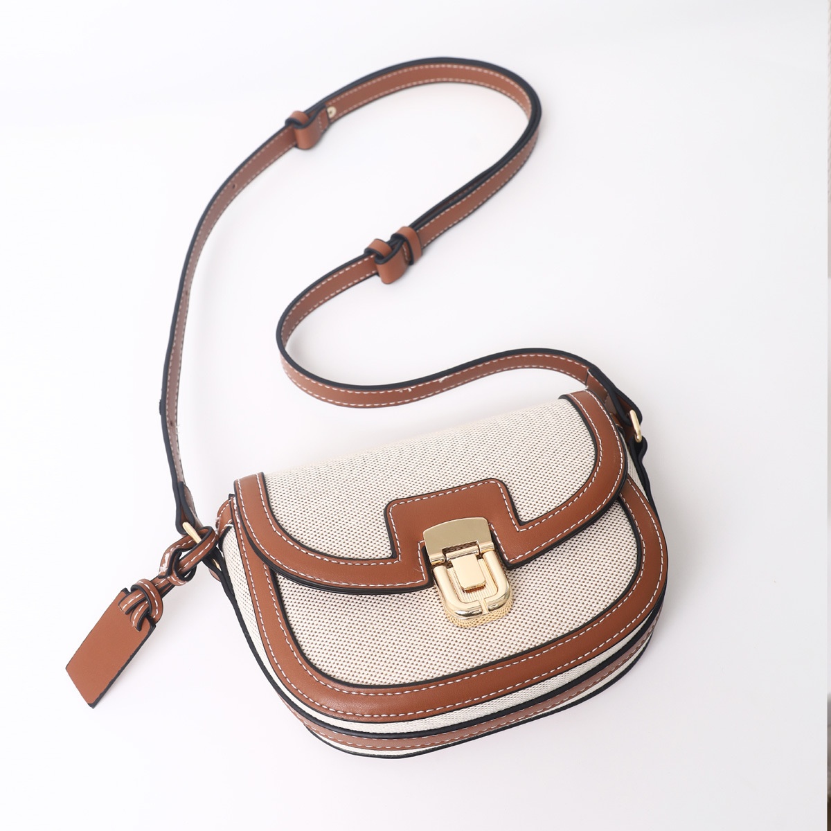 Canvas & Leather Saddle Crossbody Bag with Flap