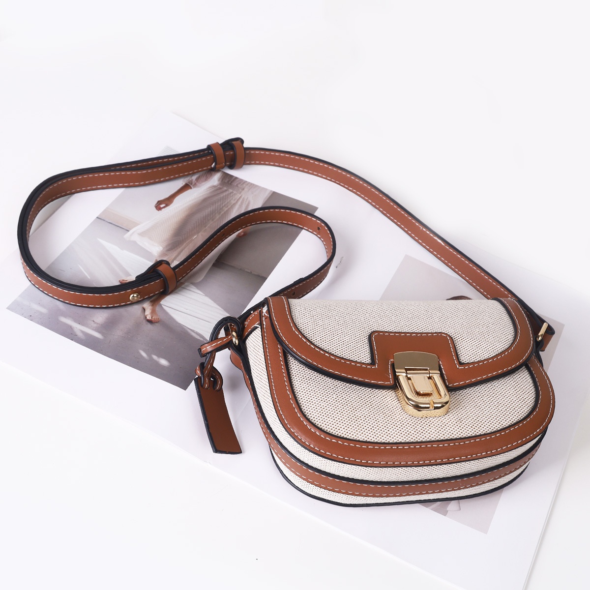 Canvas & Leather Saddle Crossbody Bag with Flap