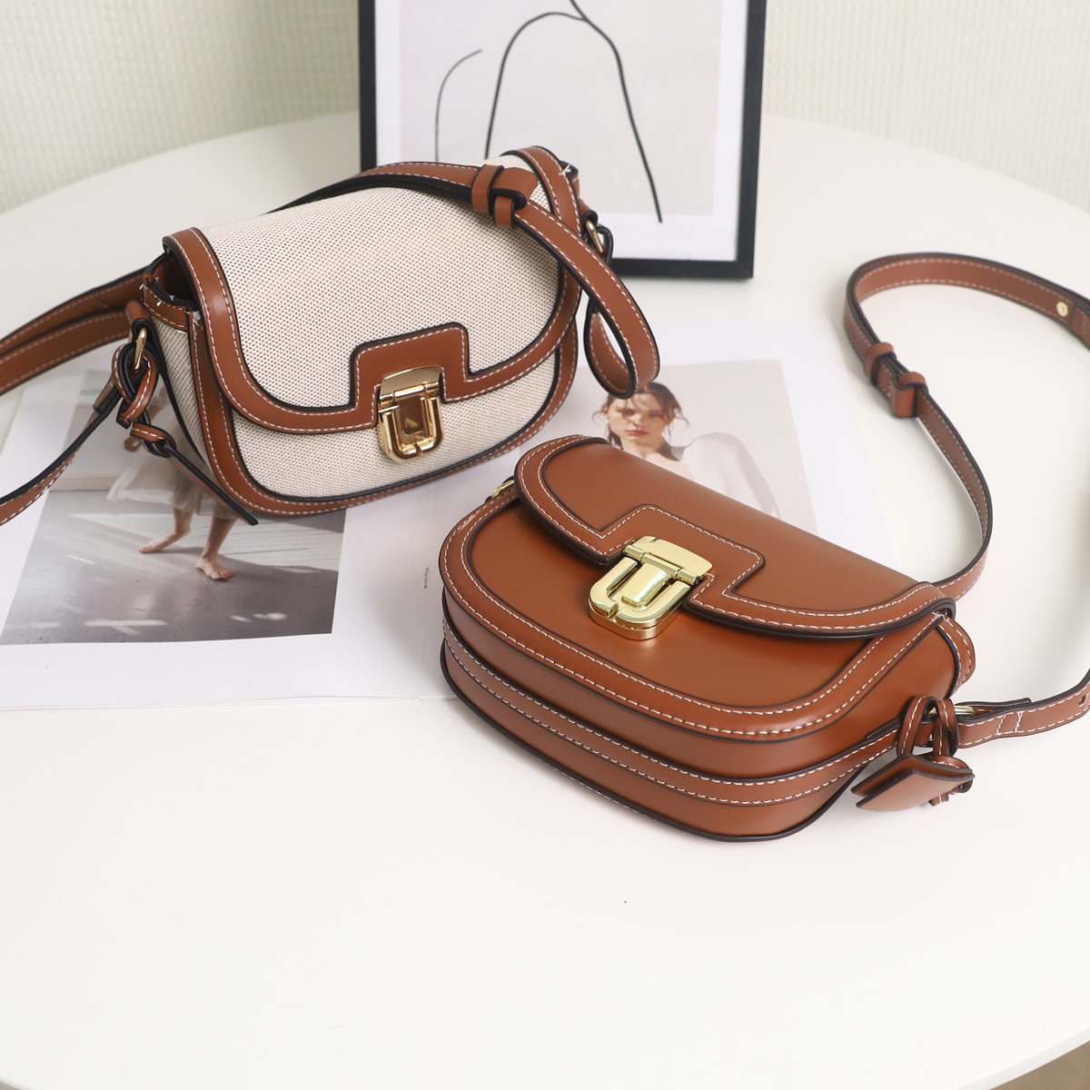 Canvas & Leather Saddle Crossbody Bag with Flap