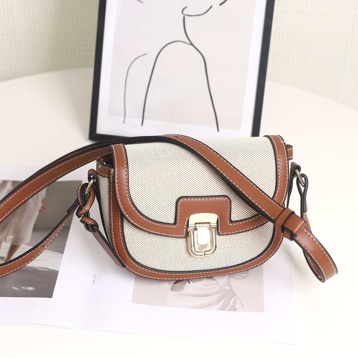 Canvas & Leather Saddle Crossbody Bag with Flap