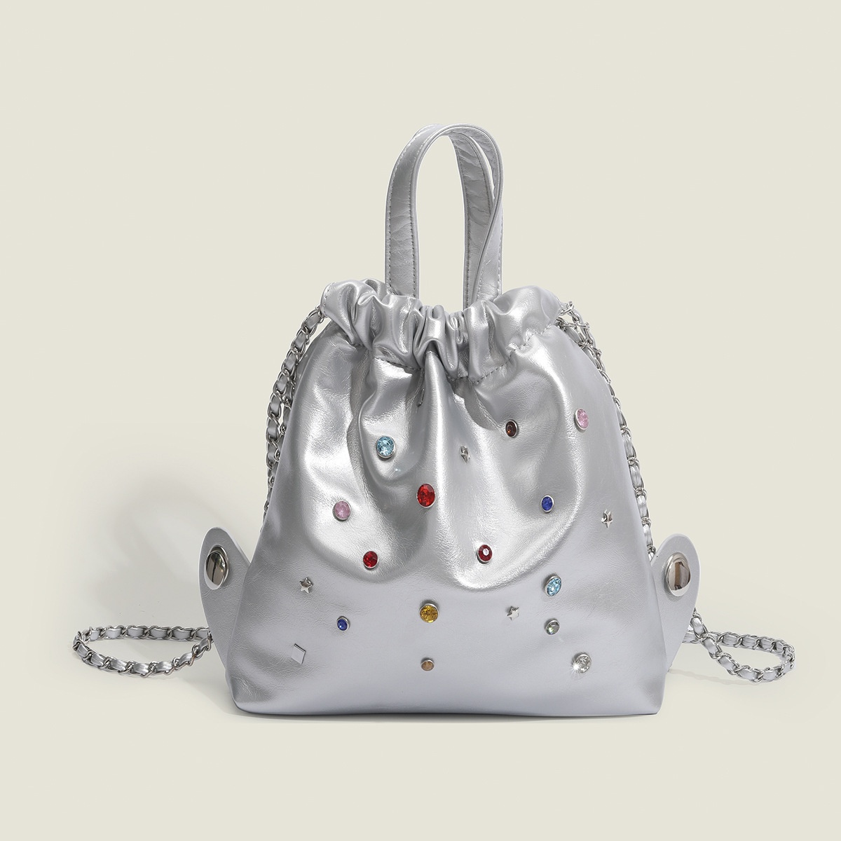 Silver Drawstring Bucket Bag with Rhinestone Embellishments