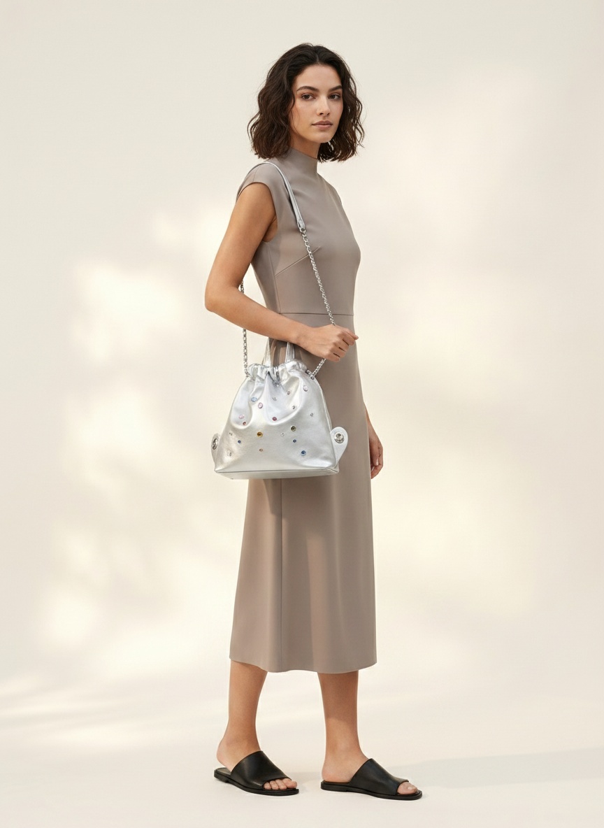 Silver Drawstring Bucket Bag with Rhinestone Embellishments