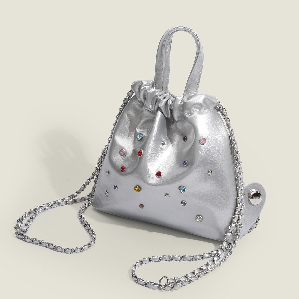 Silver Drawstring Bucket Bag with Rhinestone Embellishments