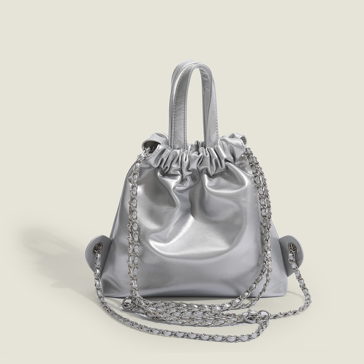 Silver Drawstring Bucket Bag with Rhinestone Embellishments