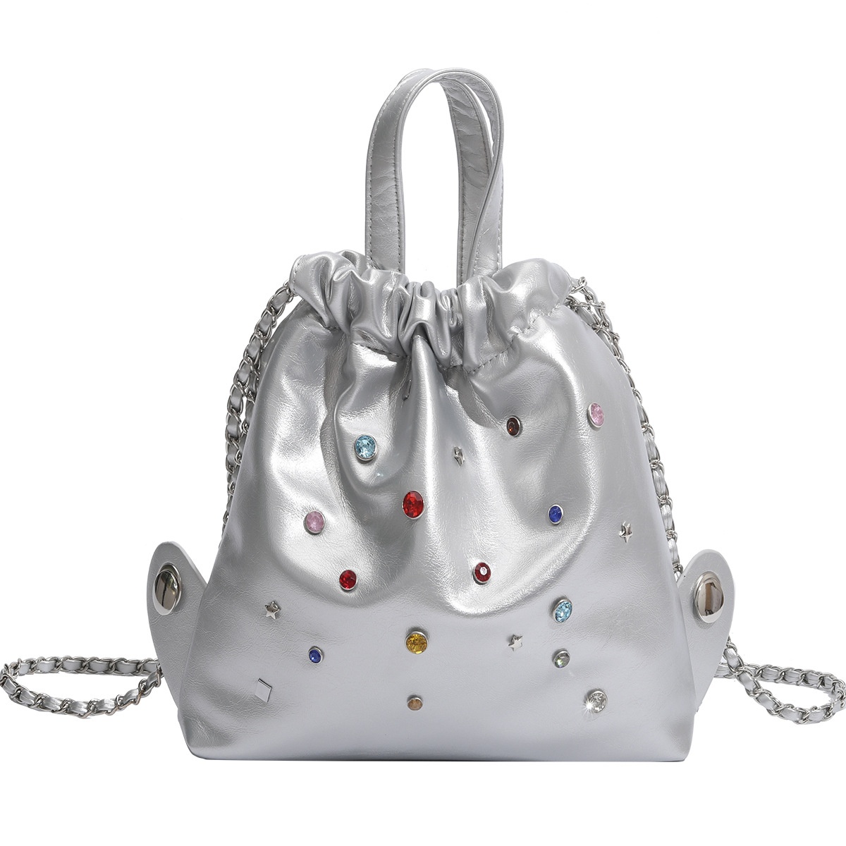 Silver Drawstring Bucket Bag with Rhinestone Embellishments
