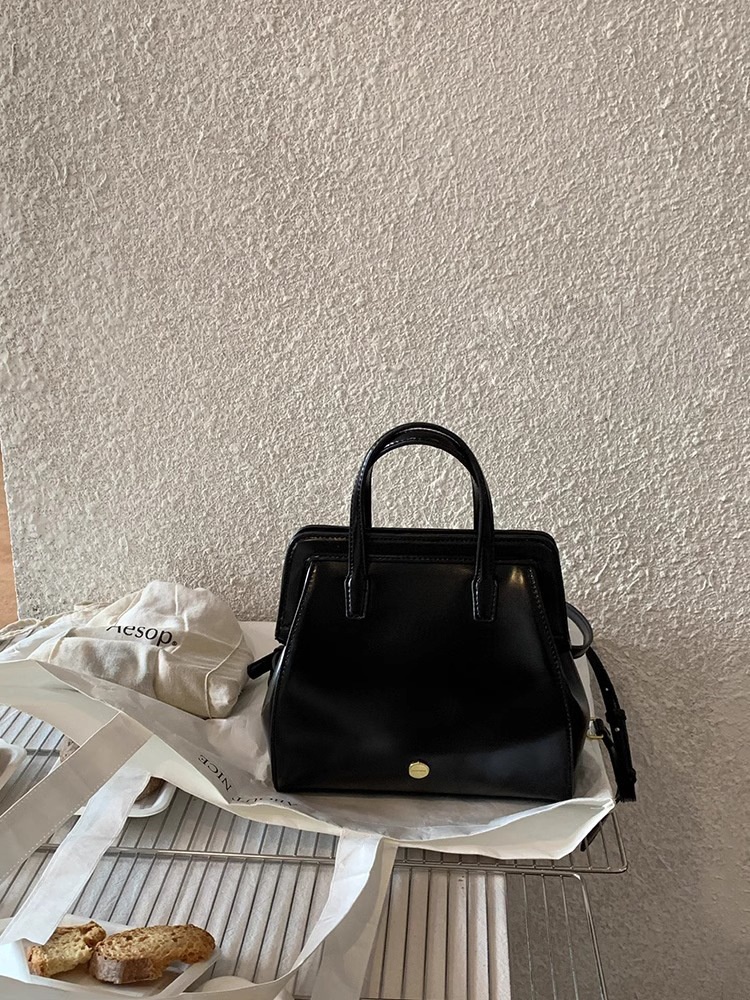 Classic Black Structured Top Handle Satchel Bag