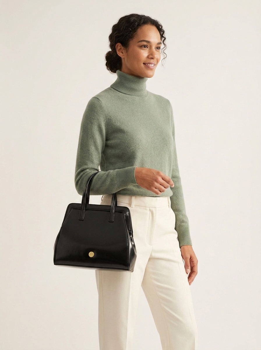 Classic Black Structured Top Handle Satchel Bag