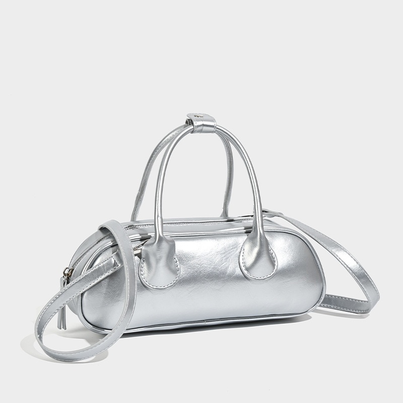Silver Metallic Mini Barrel Shoulder Bag