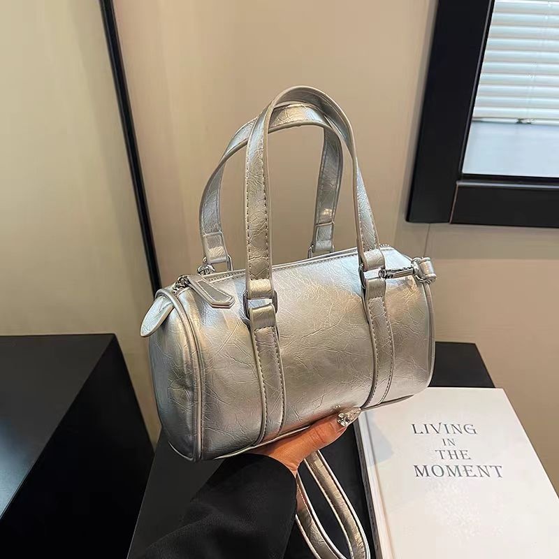 Chic Silver Metallic Mini Barrel Bag - Top Handle & Crossbody
