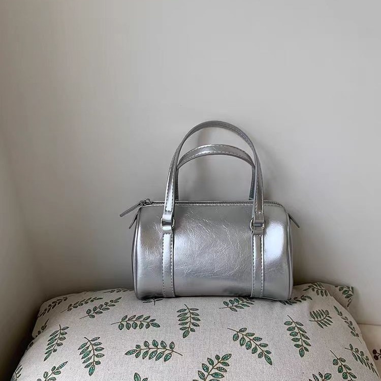Chic Silver Metallic Mini Barrel Bag - Top Handle & Crossbody