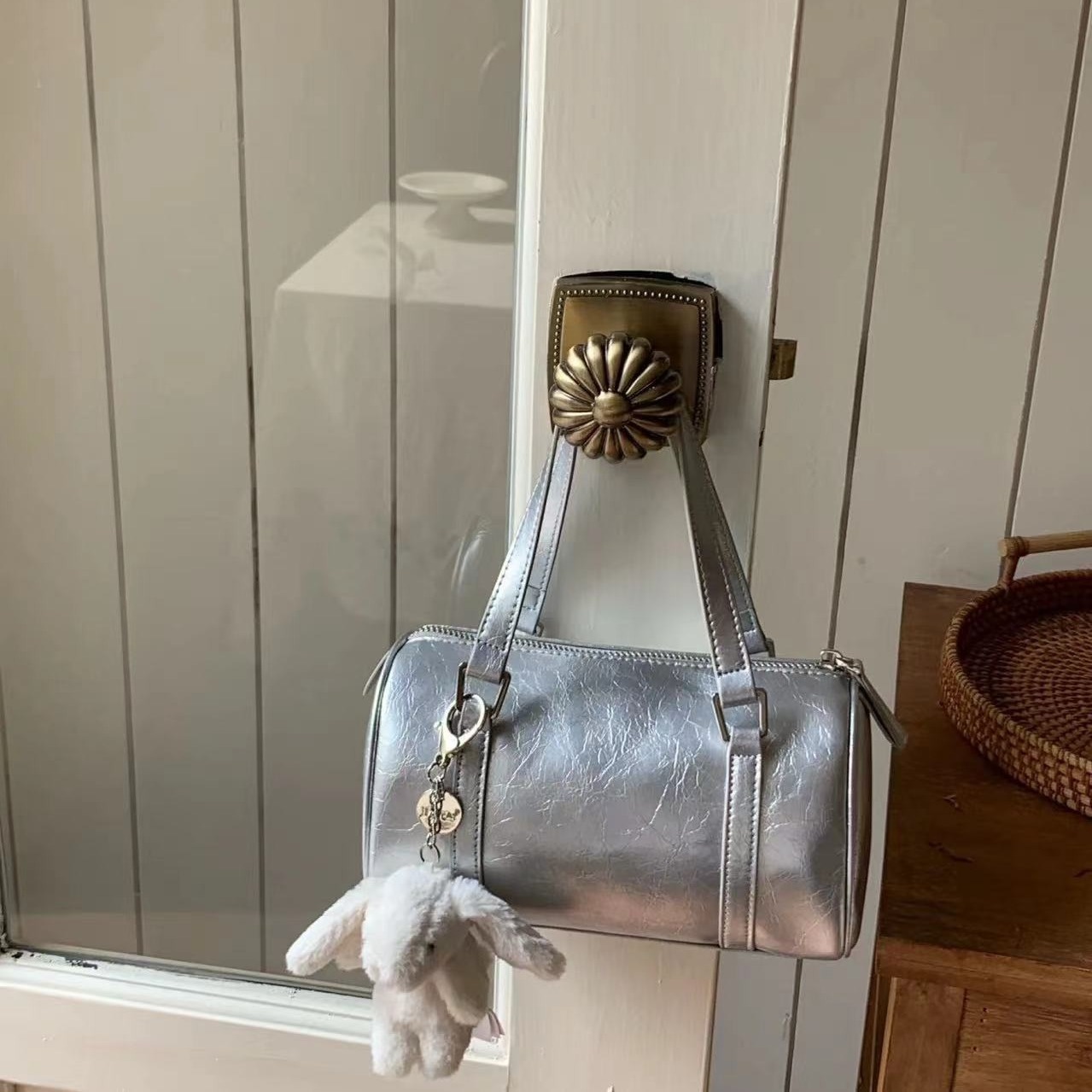 Chic Silver Metallic Mini Barrel Bag - Top Handle & Crossbody