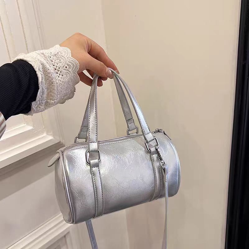 Chic Silver Metallic Mini Barrel Bag - Top Handle & Crossbody