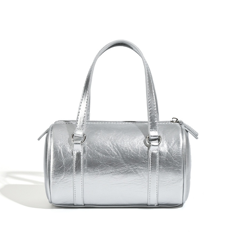 Chic Silver Metallic Mini Barrel Bag - Top Handle & Crossbody