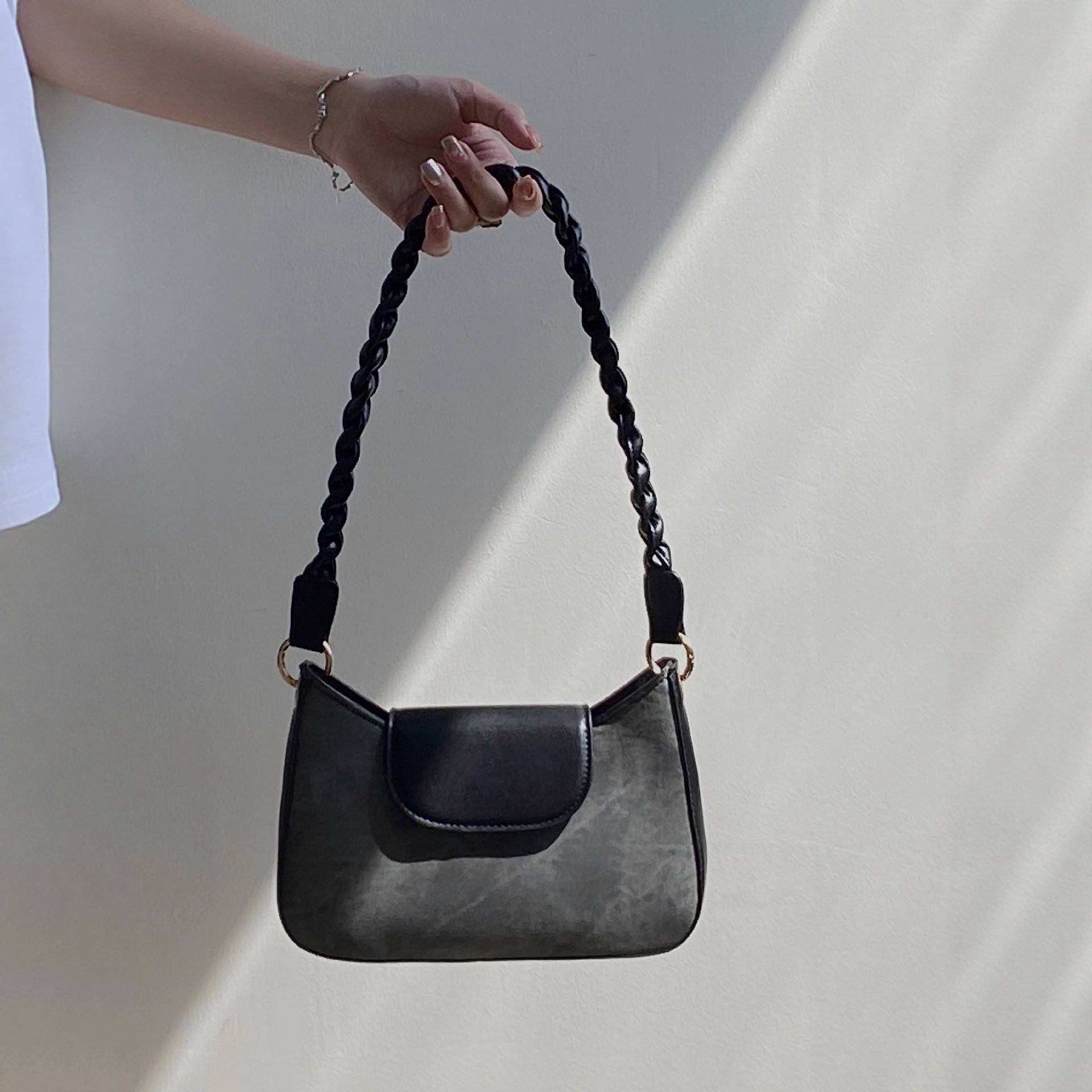 Distressed Grey Shoulder Bag with Braided Strap