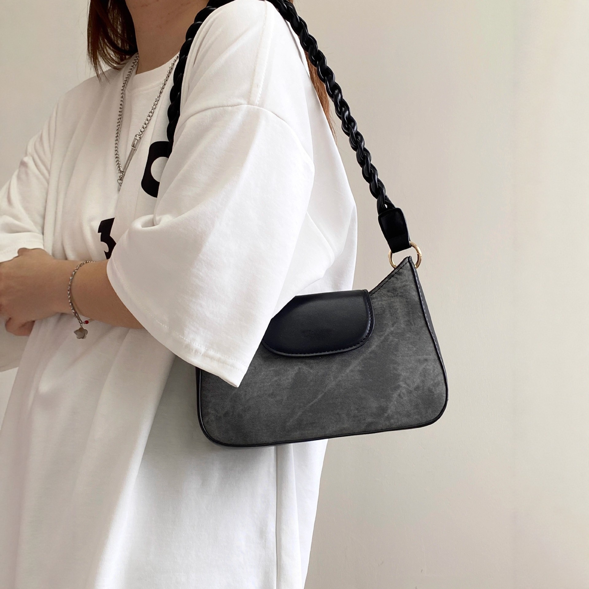 Distressed Grey Shoulder Bag with Braided Strap