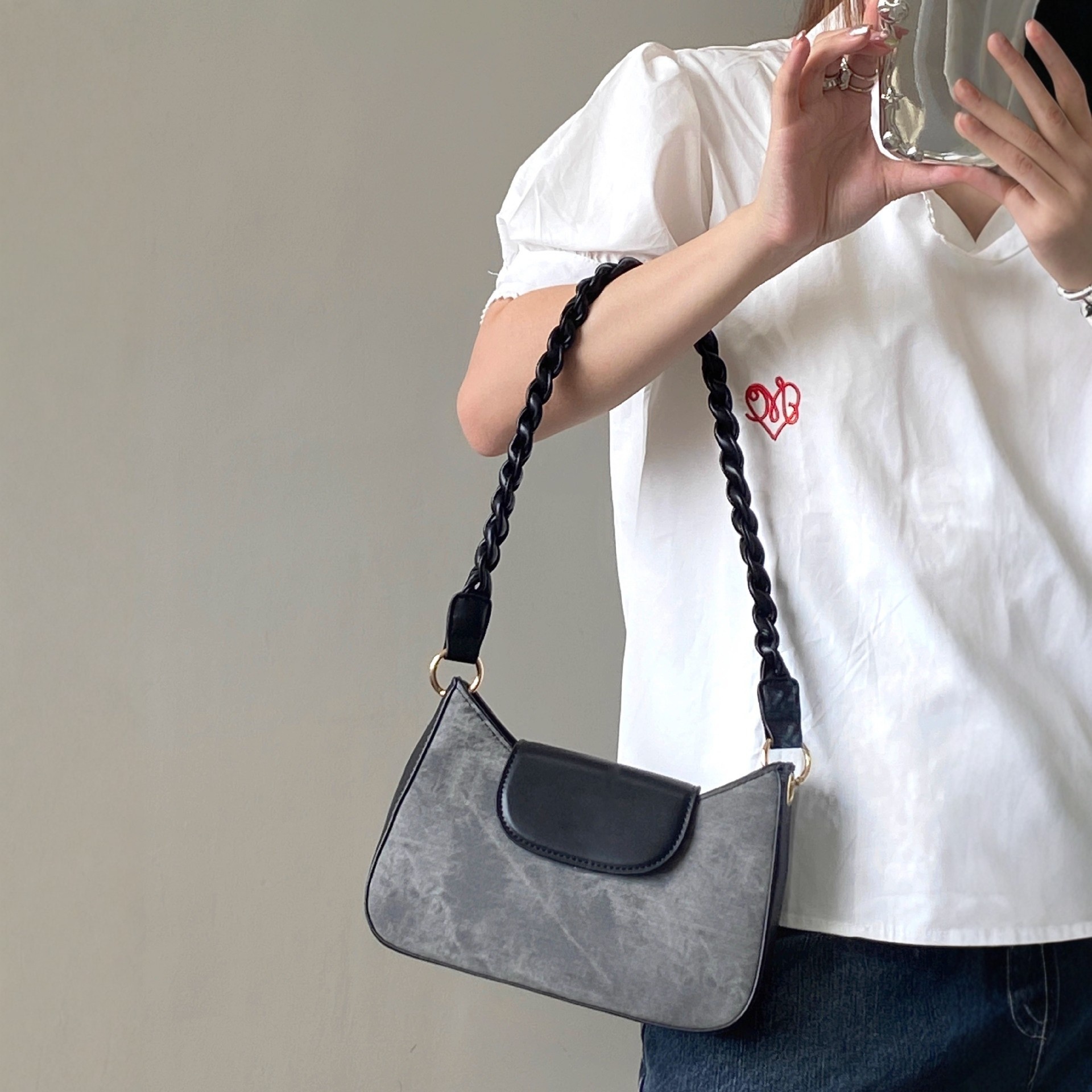 Distressed Grey Shoulder Bag with Braided Strap