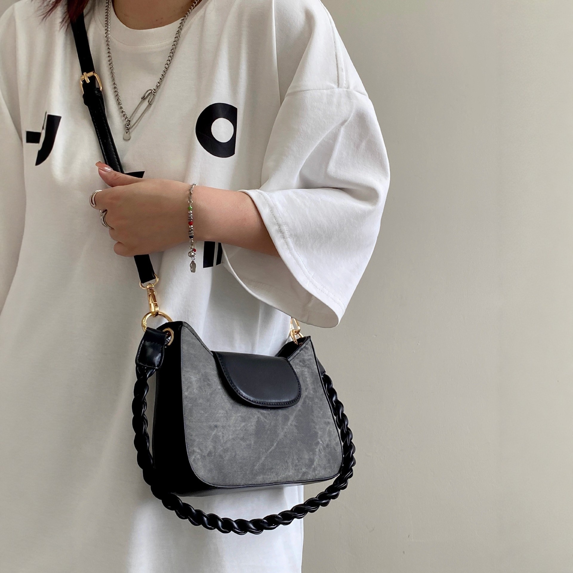 Distressed Grey Shoulder Bag with Braided Strap