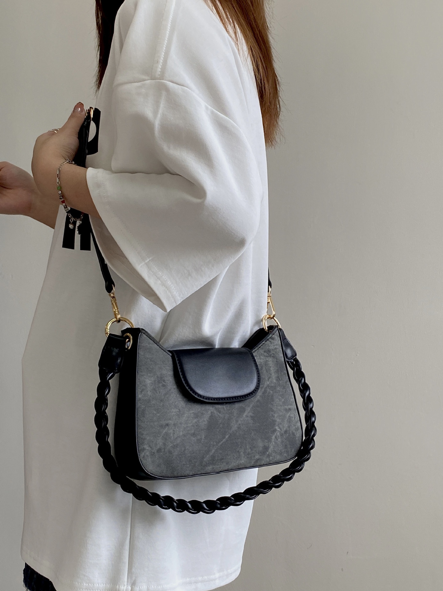 Distressed Grey Shoulder Bag with Braided Strap