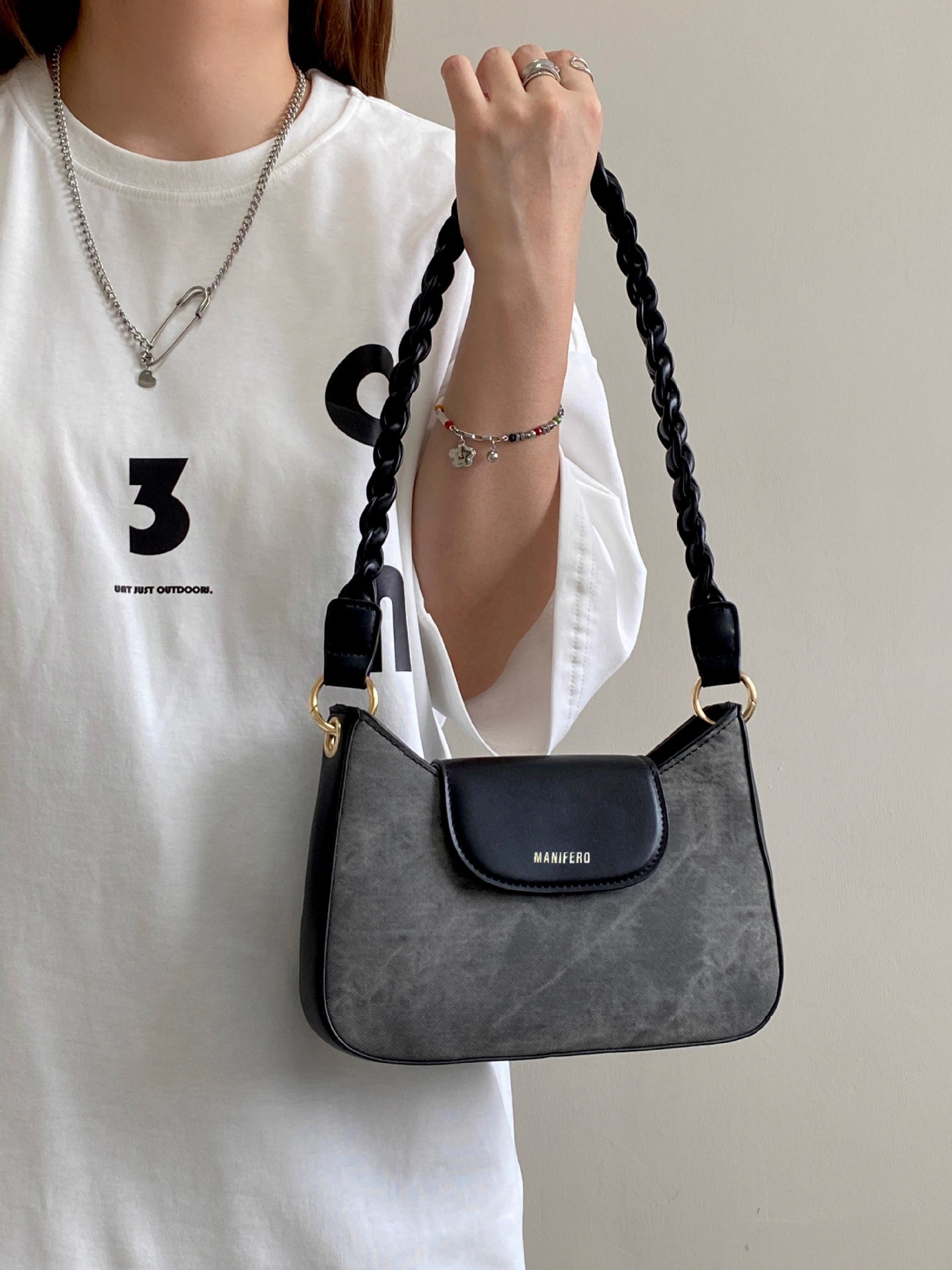 Distressed Grey Shoulder Bag with Braided Strap
