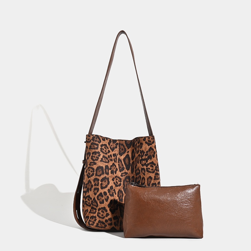 Leopard Print Suede Bucket Bag with Pouch
