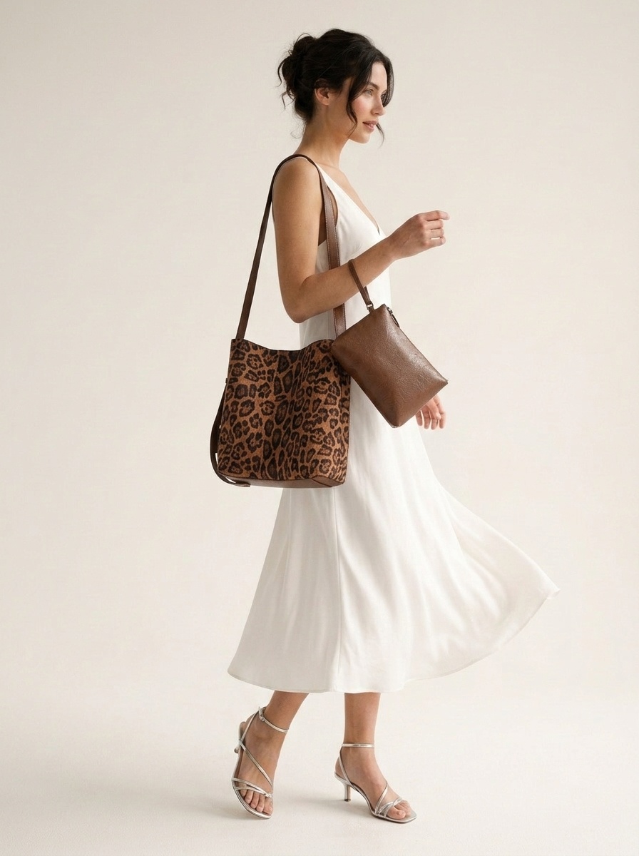 Leopard Print Suede Bucket Bag with Pouch