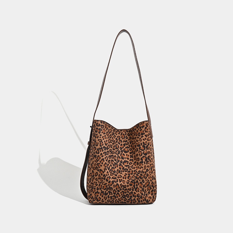 Leopard Print Suede Bucket Bag with Pouch