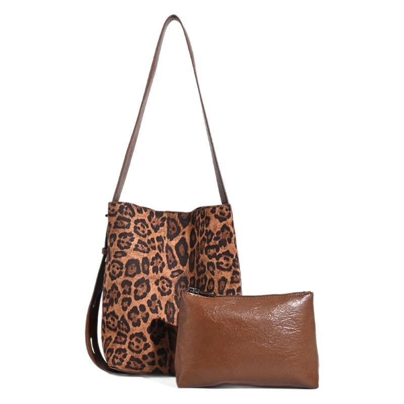 Leopard Print Suede Bucket Bag with Pouch