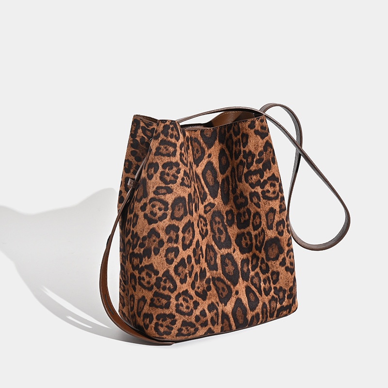 Leopard Print Suede Bucket Bag with Pouch