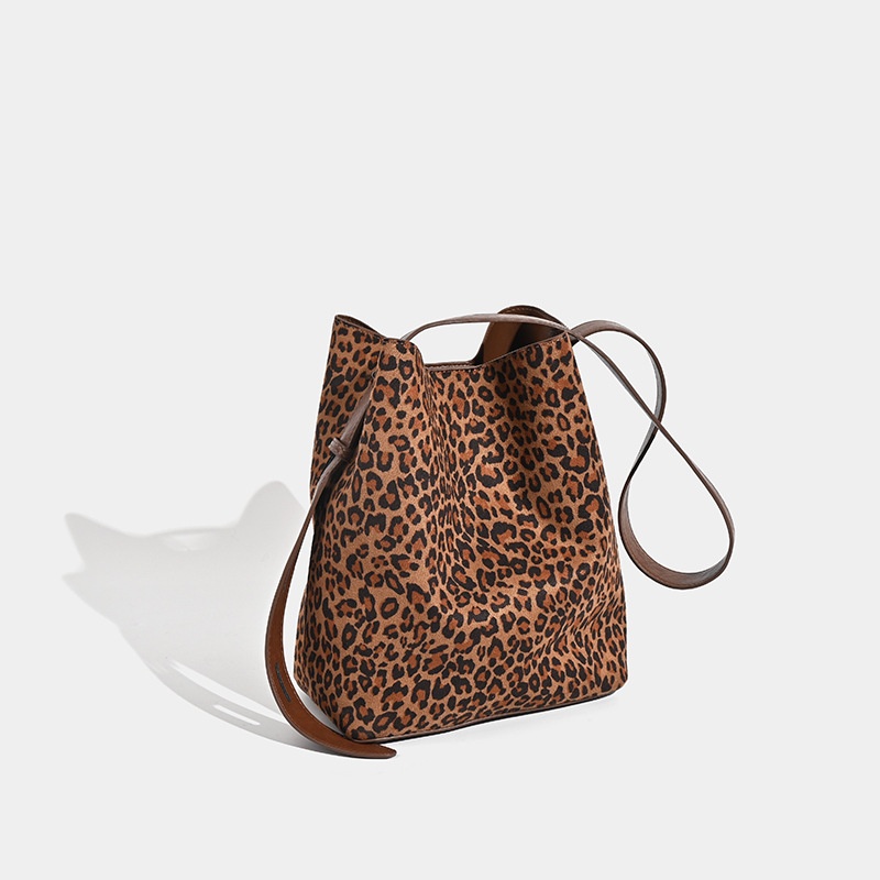 Leopard Print Suede Bucket Bag with Pouch