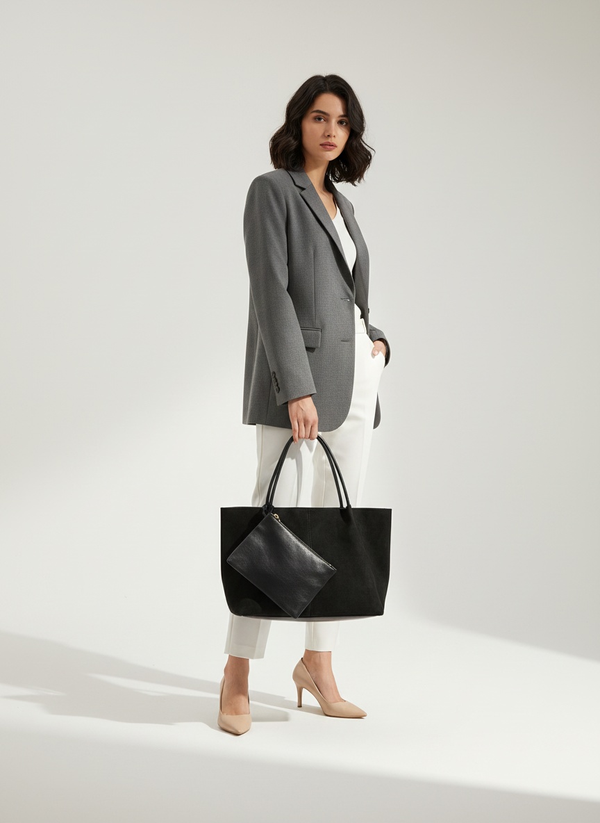 Chic Faux Suede Tote Bag with Pouch - Everyday Carryall