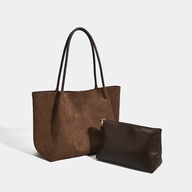 Chic Faux Suede Tote Bag with Pouch - Everyday Carryall