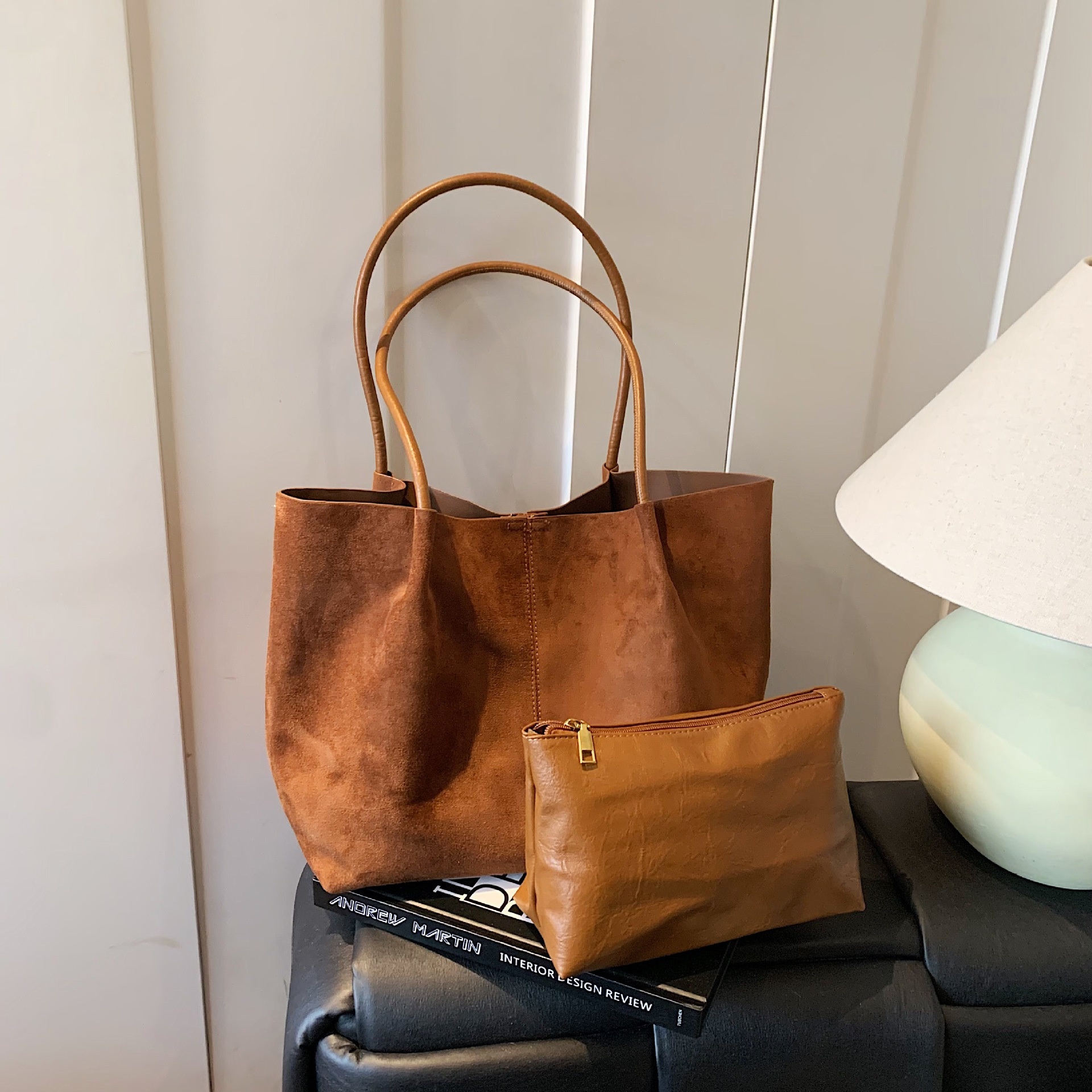 Chic Faux Suede Tote Bag with Pouch - Everyday Carryall