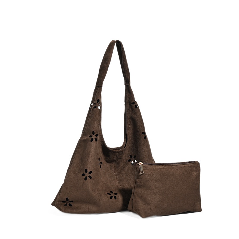 Floral Cutout Suede Slouchy Shoulder Bag with Pouch