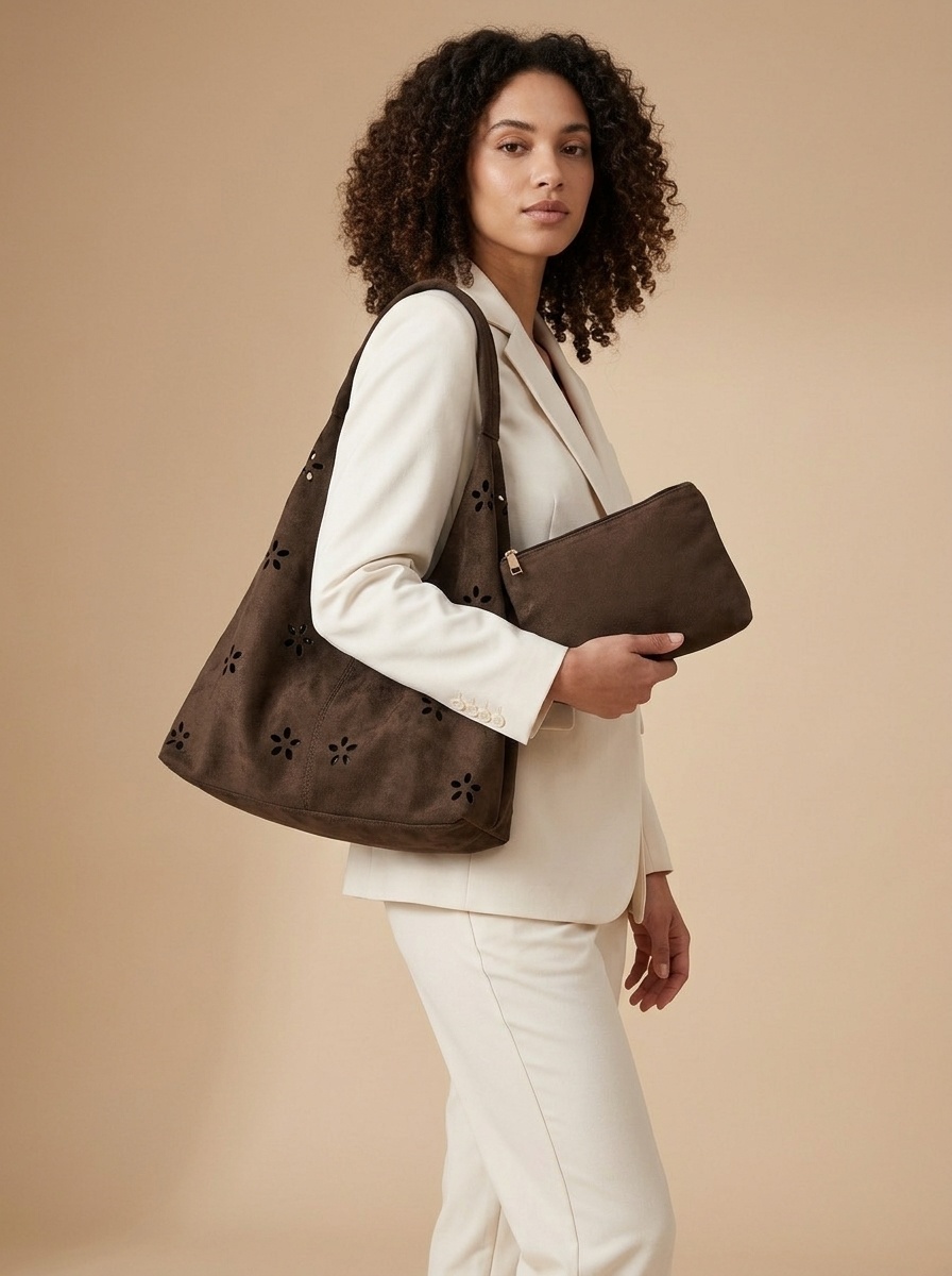 Floral Cutout Suede Slouchy Shoulder Bag with Pouch