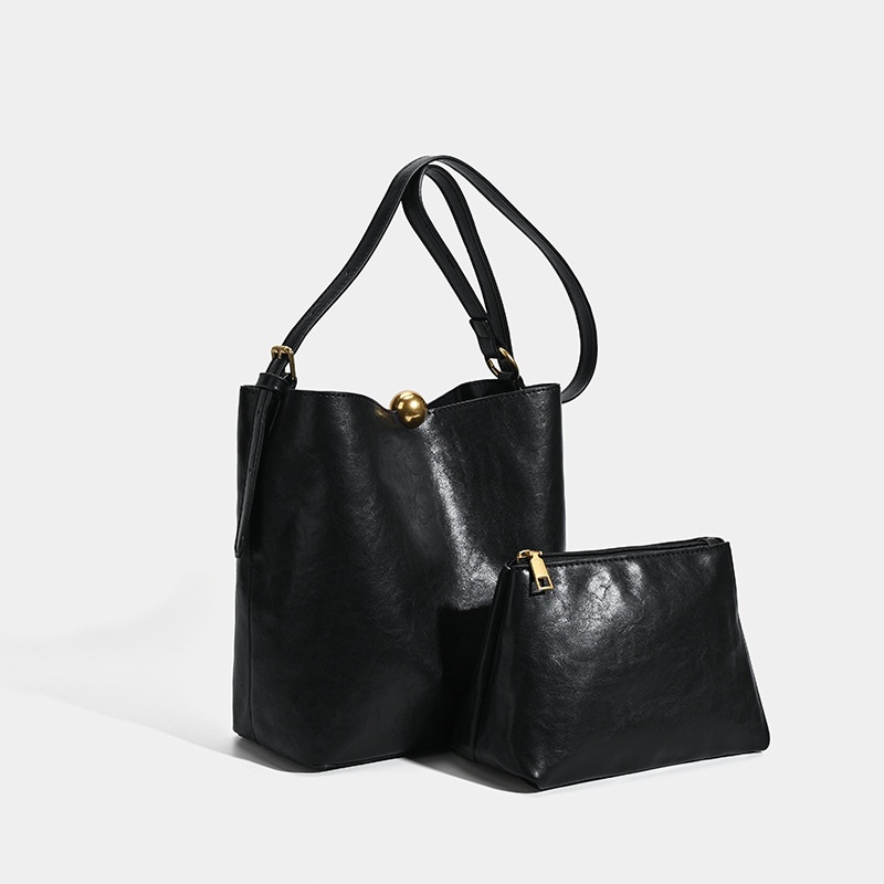 Chic Faux Leather Bucket Bag with Pouch Set